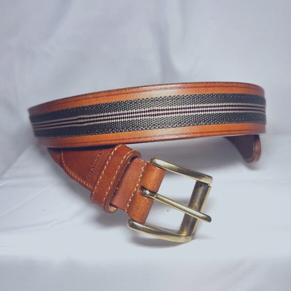 Coach Men's #3879 Leather Belt-Size 42-Tan/Green Mix-Gold Buckle-Classy-Netral - Picture 1 of 12
